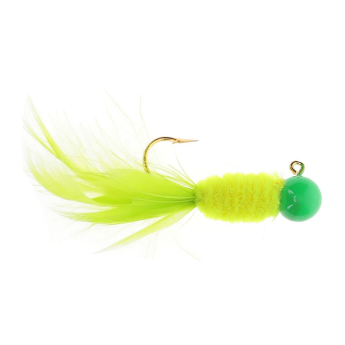 Strike King Mr. Crappie Slab Daddy Live Hair Jig in bright lime with feathered tail, fuzzy body, and round green head, designed for fishing tackle use.