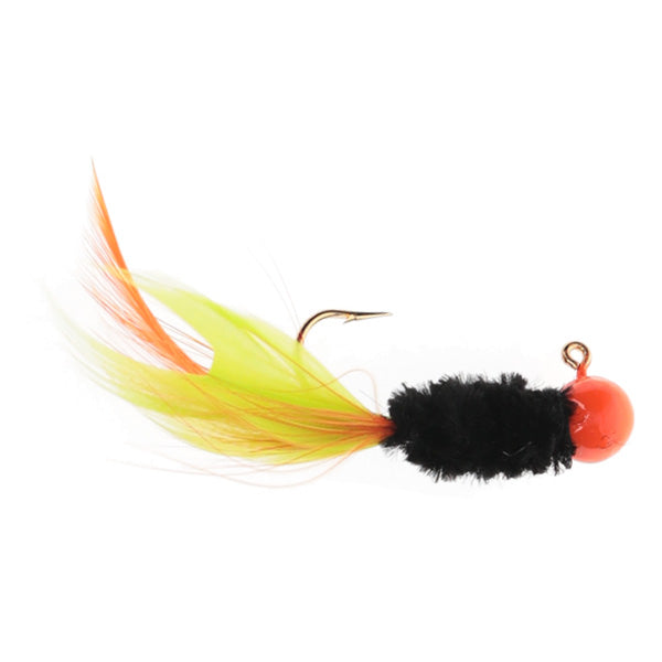 Strike King Mr. Crappie Slab Daddy Live Hair Jig featuring a bright orange weighted head, black fuzzy body, and vibrant orange and yellow feather tail for fishing tackle.