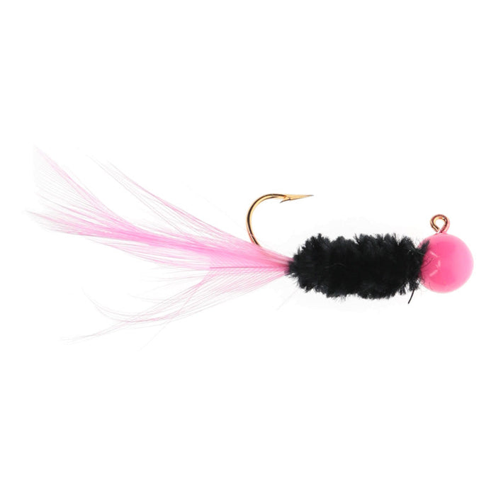 Strike King Mr. Crappie Slab Daddy Live Hair Jig with a bright pink bead head, black fuzzy body, and soft pink feather tail, designed for effective fishing tackle use.