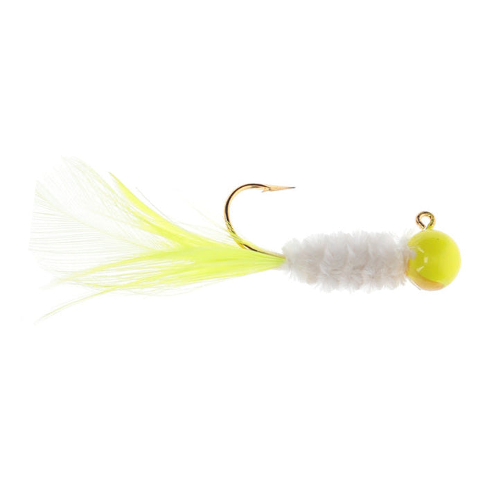 Strike King Mr. Crappie Slab Daddy Live Hair Jig with white fuzzy body, bright yellow feather tail, and a yellow weighted head designed for fishing tackle.