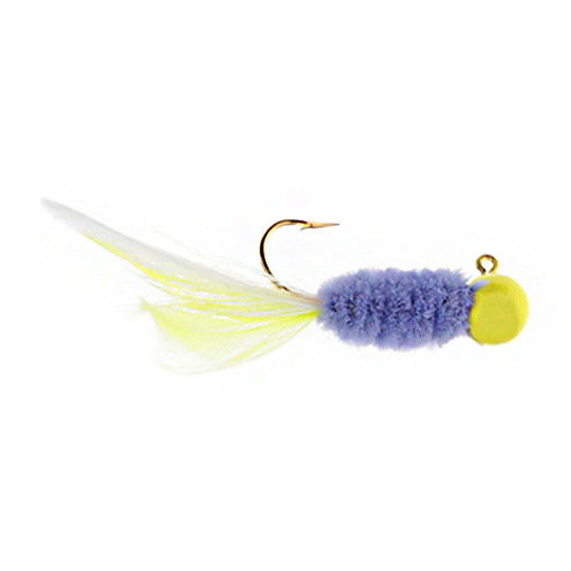 Strike King Mr. Crappie Slab Daddy Live Hair Jig featuring a yellow head, purple fuzzy body, and white and yellow feather tail designed for fishing tackle use.