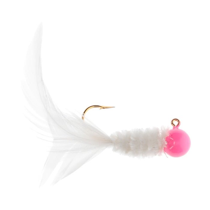 Strike King Mr. Crappie Slab Daddy Live Hair Jig with a bright pink round head, white fluffy body, feathered tail, and a sharp gold fishing hook for fishing tackle use.