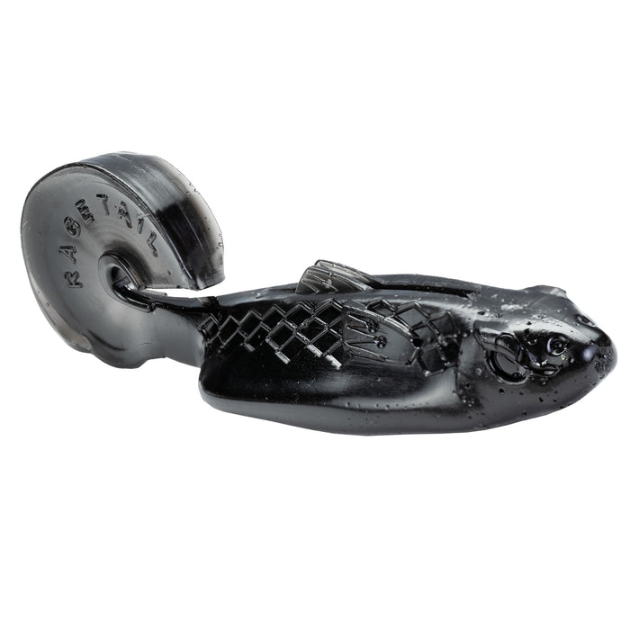 Strike King Rage Buzz Minnow fishing lure in black with a segmented body and a curly tail designed to create vibration and attract fish.