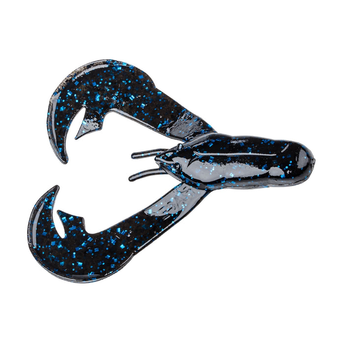 Strike King Rage Chunk Trailer fishing lure in black with blue flakes, designed to mimic a crawfish for effective fishing tackle use.