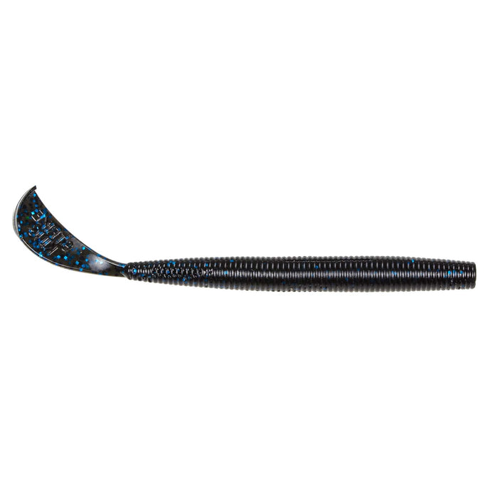 Strike King Rage Cut-R-Worm soft plastic fishing lure in dark color with blue speckles and a ribbed body designed for enhanced movement in water fishing tackle.
