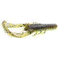 Close-up of a green and yellow soft plastic fishing lure shaped like a crawfish with speckled black spots, named Strike King Rage Scounbug, designed for fishing tackle use.