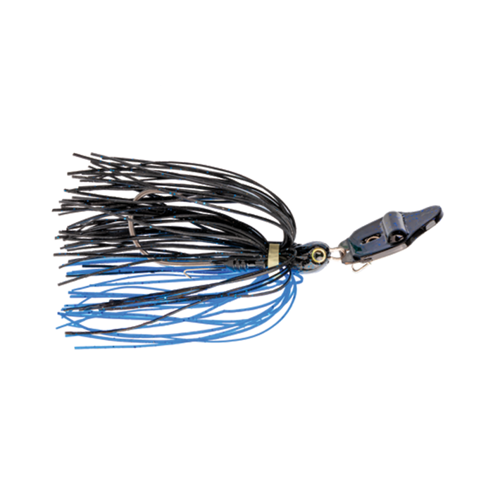 Strike King Rattling Thunder Cricket fishing lure featuring black and blue multi-strand skirt with a clipped metallic rattle body designed for attracting musky fish.