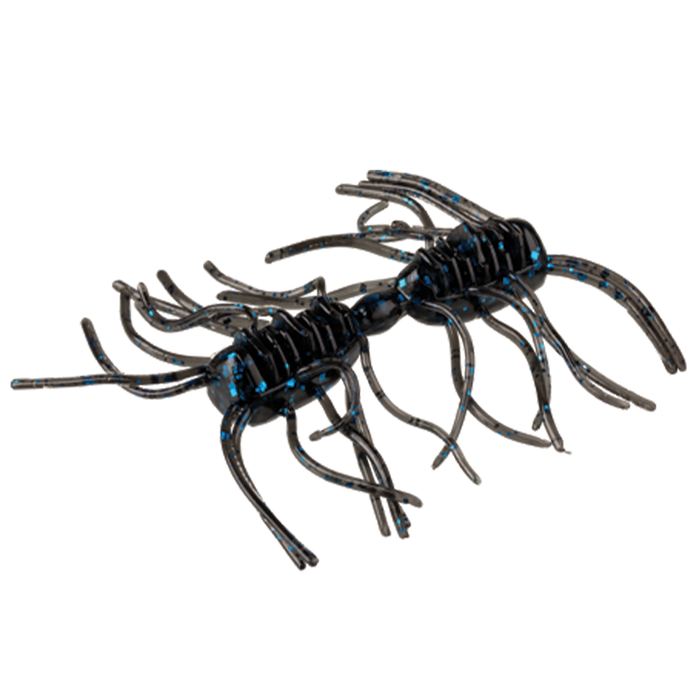 Two black soft plastic fishing lures with blue flecks and multiple flexible legs, designed as Strike King Sexy Bug fishing tackle for musky and freshwater fishing.