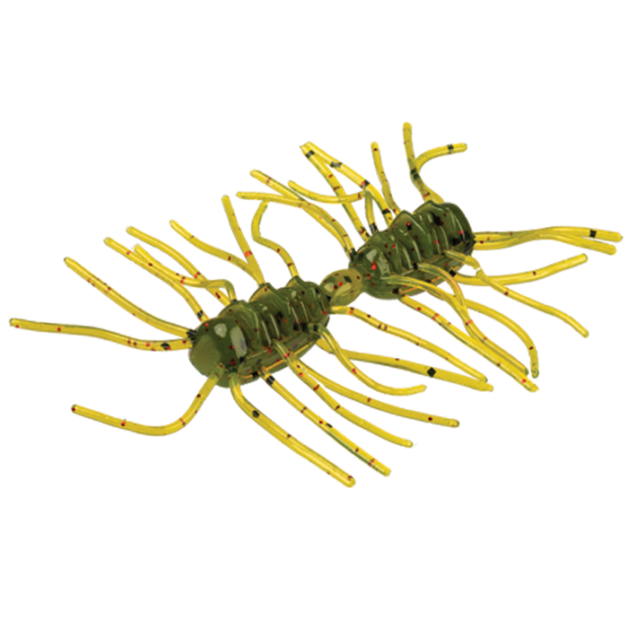Strike King Sexy Bug fishing lure designed to mimic a crawfish with translucent green and yellow body, featuring multiple flexible legs and red speckles for realistic fishing tackle appeal.