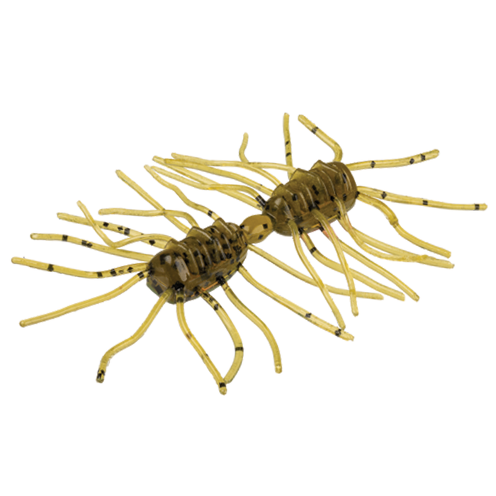 Two translucent yellow and brown segmented fishing lures with multiple flexible legs designed as the Strike King Sexy Bug for fishing tackle use.