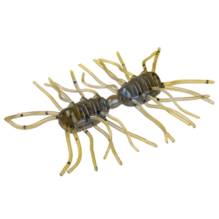 Close-up of a translucent brown and yellow soft plastic fishing lure with multiple flexible legs and segmented body, designed as the Strike King Sexy Bug for fishing tackle use.