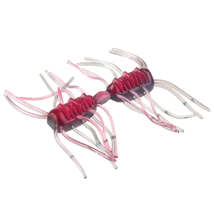 Close-up of a translucent red and pink flexible soft plastic fishing lure with multiple thin appendages, designed to mimic aquatic prey, Strike King Sexy Bug.