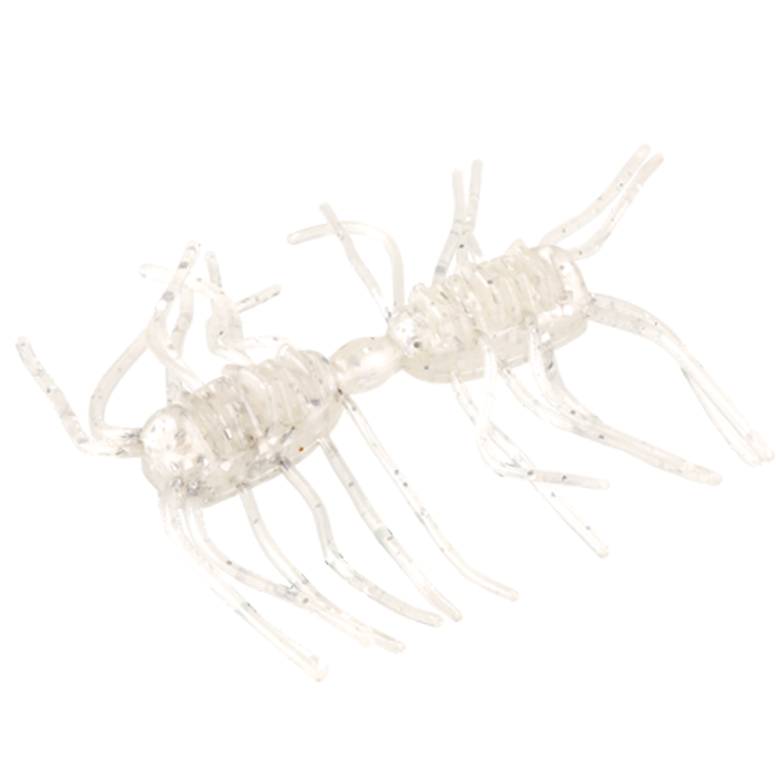 Clear soft plastic fishing lure designed to mimic an insect or bug with multiple segmented legs, identified as Strike King Sexy Bug for fishing tackle use.
