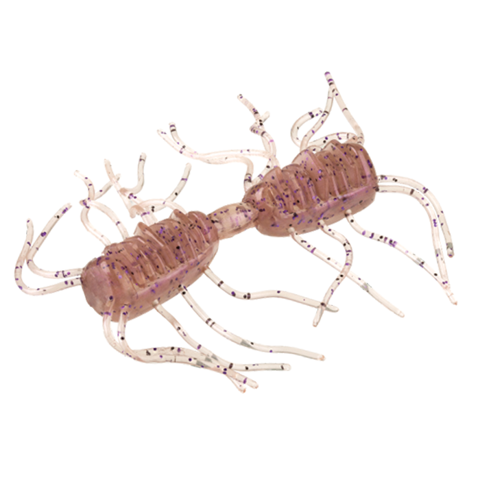 Close-up of a translucent pink and purple soft plastic fishing lure with segmented body and multiple thin appendages, designed as Strike King Sexy Bug for fishing tackle.