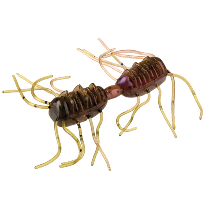 Close-up of a detailed brown and translucent fishing lure with flexible leg-like appendages designed to mimic insect movement, identified as the Strike King Sexy Bug.