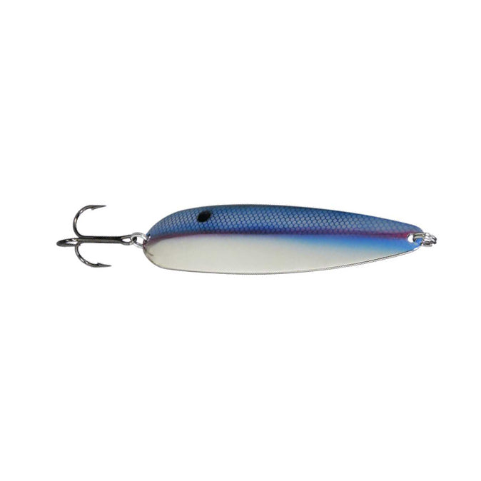 Strike King Sexy Spoon fishing lure with a sleek blue and silver body, textured scale pattern, and a sharp treble hook designed for effective fishing tackle use.