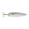 Strike King Sexy Spoon fishing lure with a silver and white body, textured scale pattern, yellow stripe, black spot, and sharp treble hook for effective fishing tackle.