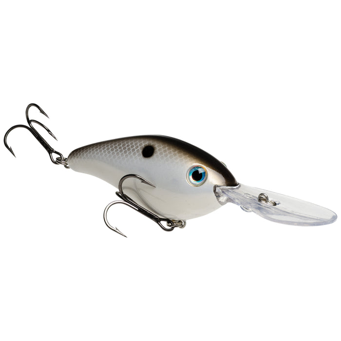 Strike King Silent Series 6XD Crankbait fishing lure with a silver and black scaled body, realistic blue eye, and two sharp treble hooks designed for effective freshwater fishing.
