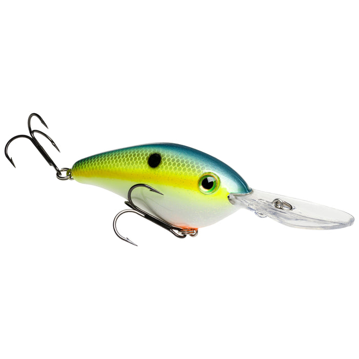 Strike King Silent Series 6XD Crankbait fishing lure with blue, green, and yellow body, realistic eye detail, and two treble hooks designed for effective fishing tackle.