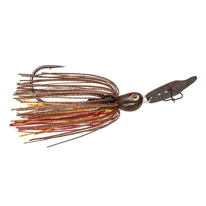 Strike King Thunder Cricket fishing lure with a brown and red skirt, detailed jig head, and a metal blade for attracting muskies and other game fish.