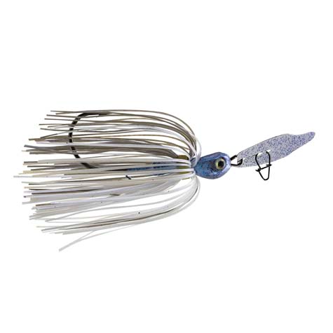 Strike King Thunder Cricket fishing lure with a blue and white skirt, detailed head, and angled blade designed for attracting muskies and other game fish.