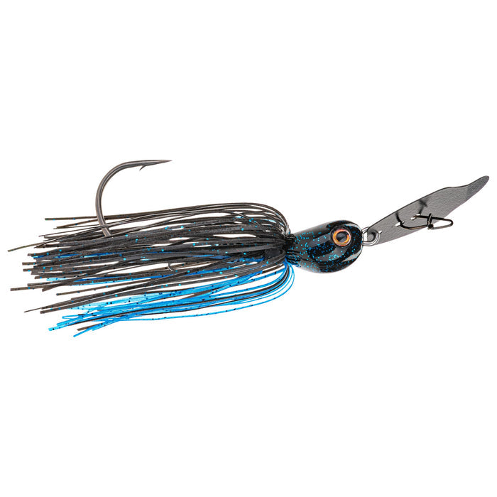 Strike King Thunder Cricket fishing lure featuring a black and blue skirt with glitter accents, a single sharp hook, and a metal diving lip designed for lifelike motion in water.
