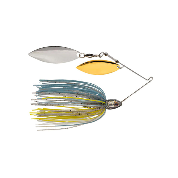Strike King Tour Grade Compact Double Willow Spinnerbait with silver and gold blades, featuring a blue, yellow, and gray skirt designed for effective fishing lure action.