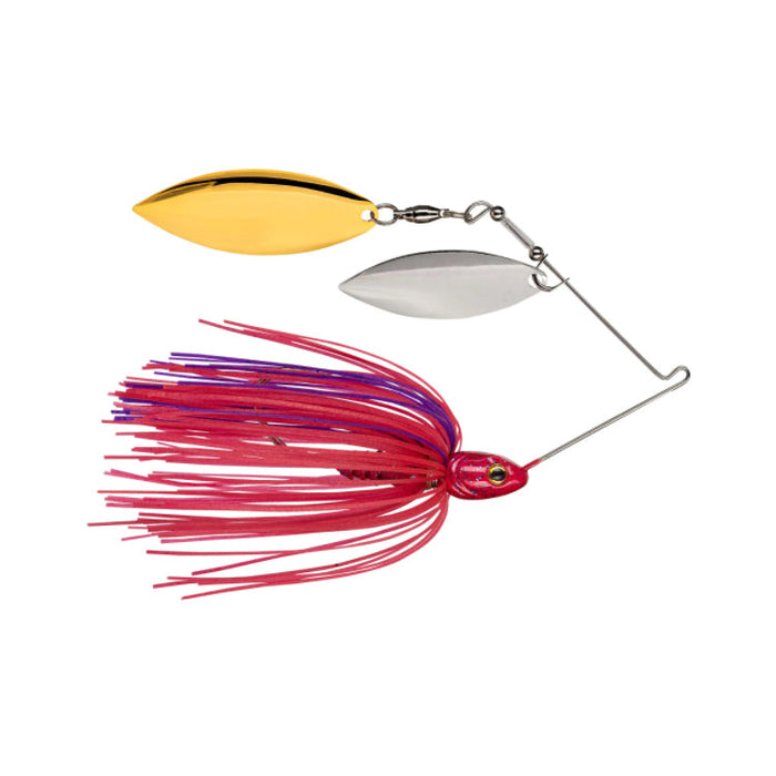 Strike King Tour Grade Compact Double Willow Spinnerbait featuring dual gold and silver willow blades with a red and purple skirt, designed for effective fishing tackle use.