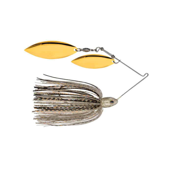 Strike King Tour Grade Compact Double Willow Spinnerbait with two gold willow blades and a silvery skirt designed for fishing tackle use in freshwater environments.
