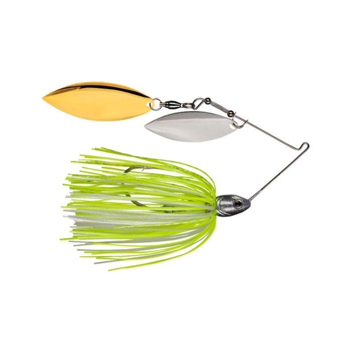 Strike King Tour Grade Compact Double Willow Spinnerbait featuring double metal blades in gold and silver with a bright chartreuse and white skirt, designed for fishing tackle enthusiasts.
