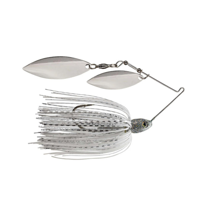 Strike King Tour Grade Compact Double Willow Spinnerbait with silver blades and a white and silver skirt designed for fishing tackle use.