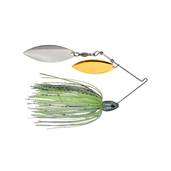 Strike King Tour Grade Compact Double Willow Spinnerbait with a silver and gold double willow blade and green skirted body designed for effective fishing lure action.