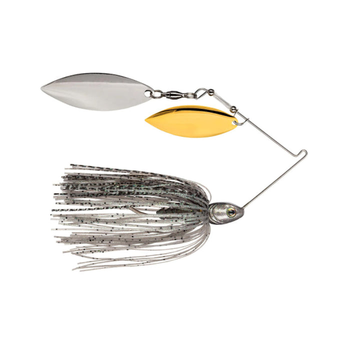 Strike King Tour Grade Compact Double Willow Spinnerbait with silver and gold spinner blades and a gray skirted jig head designed for fishing tackle enthusiasts.