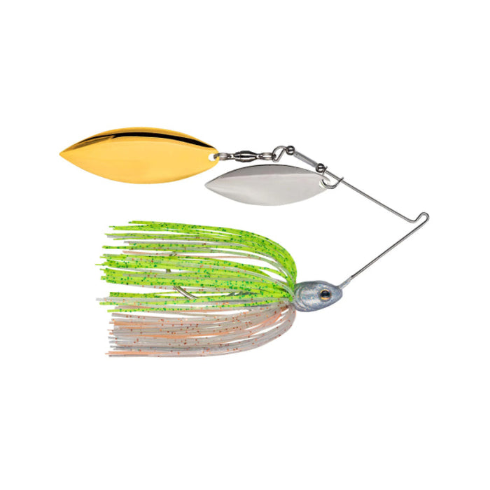 Strike King Tour Grade Compact Double Willow Spinnerbait with gold and silver willow blades and a green and brown skirt designed for effective fishing lure performance.