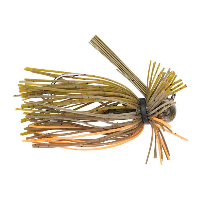 Strike King Tour Grade Finesse Football Jig with multi-colored silicone skirt in shades of yellow, green, and orange designed for fishing tackle use.