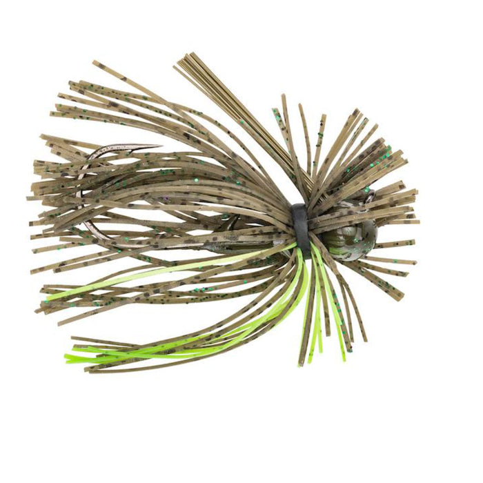 Strike King Tour Grade Finesse Football Jig with green and brown skirt strands designed for fishing tackle, ideal for finesse fishing techniques and musky tackle enthusiasts.