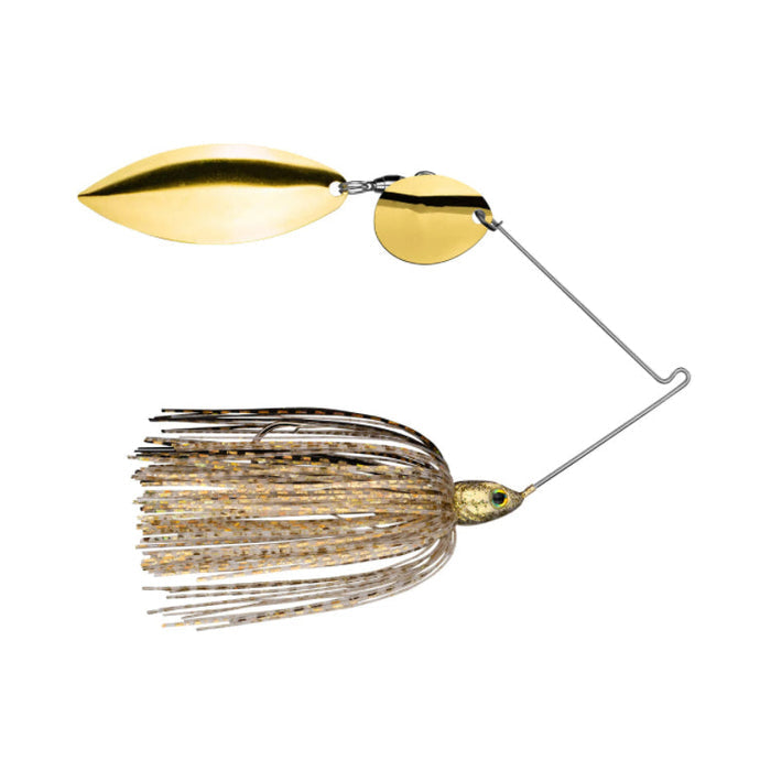 Strike King Tour Grade Tandem Spinnerbait with gold blades and a detailed skirt designed for effective fishing lure action and attraction.