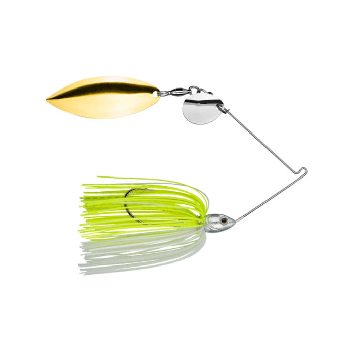 Strike King Tour Grade Tandem Spinnerbait with gold and silver blades and chartreuse and white skirt, designed for effective fishing tackle use.