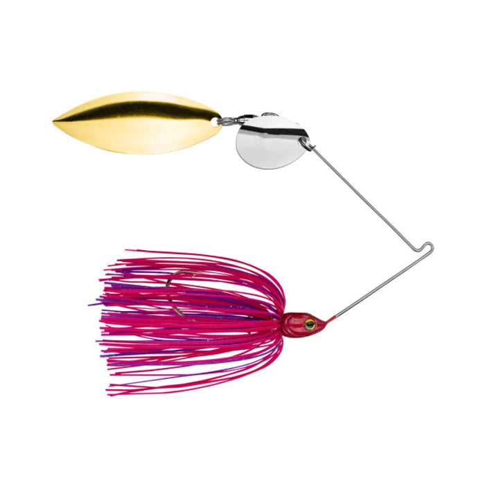 Strike King Tour Grade Tandem Spinnerbait fishing lure with red and purple skirt, two metallic spinner blades in gold and silver, designed for fishing tackle enthusiasts.