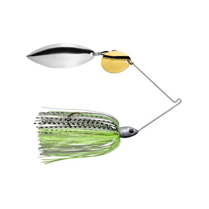 Strike King Tour Grade Tandem Spinnerbait fishing lure with green and black skirt, silver and gold spinning blades, designed for effective freshwater fishing tackle.