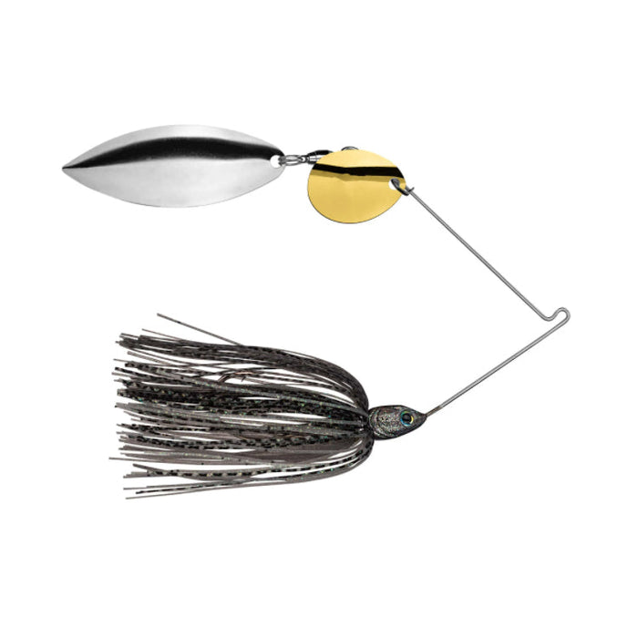 Strike King Tour Grade Tandem Spinnerbait with dual silver and gold blades and a black and gray skirt, designed for effective fishing lure action.