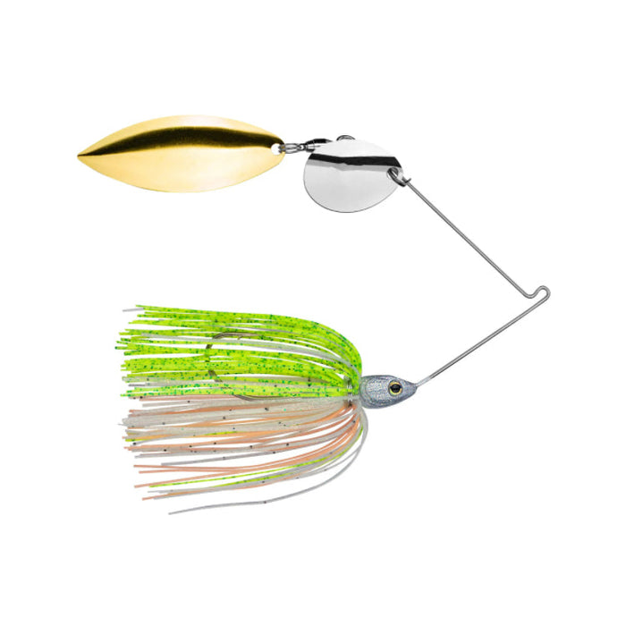 Strike King Tour Grade Tandem Spinnerbait featuring dual spinning blades, a green and white skirt, and a detailed fish head for effective fishing tackle and lure action.