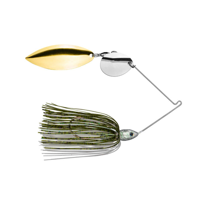 Strike King Tour Grade Tandem Spinnerbait with metallic gold and silver blades and a greenish skirt designed for fishing tackle enthusiasts.