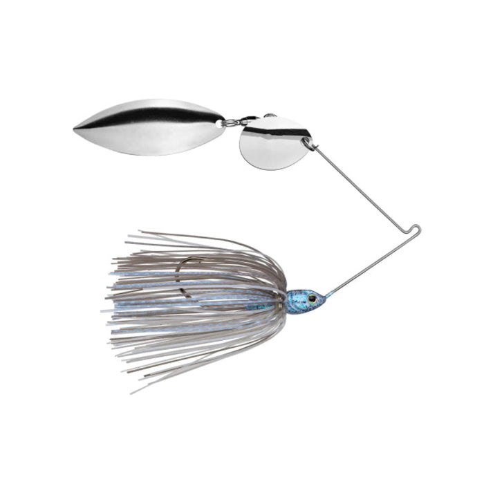 Strike King Tour Grade Tandem Spinnerbait featuring a silver double spinner blade and blue-gray skirt with a detailed fish head lure, designed for fishing tackle enthusiasts.