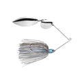 Strike King Tour Grade Tandem Spinnerbait featuring a silver double spinner blade and blue-gray skirt with a detailed fish head lure, designed for fishing tackle enthusiasts.