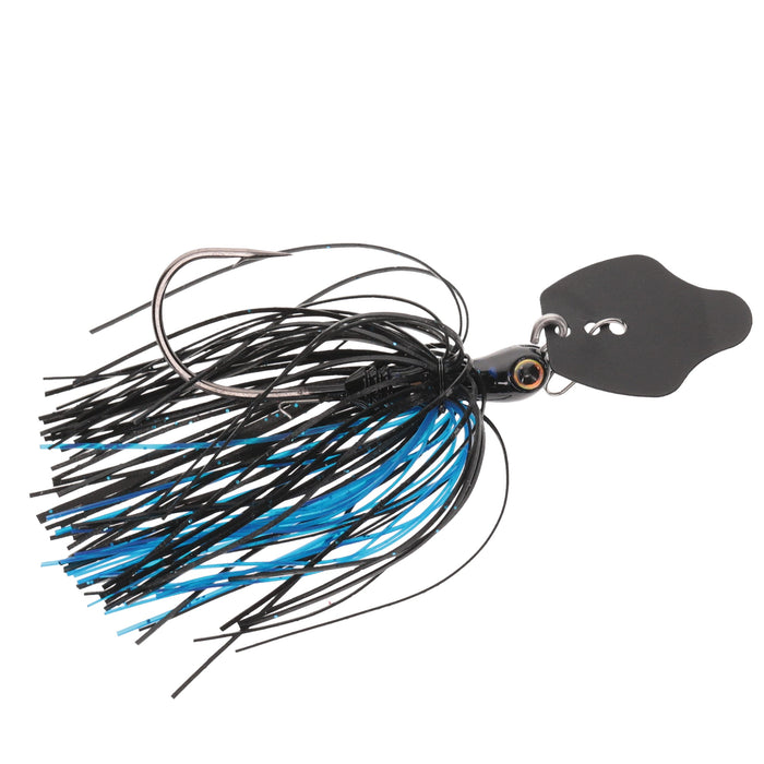 Strike King Tungsten Thunder Cricket fishing lure featuring black and blue silicone skirt strands, a sharp hook, and a black blade designed for musky and freshwater fishing tackle.