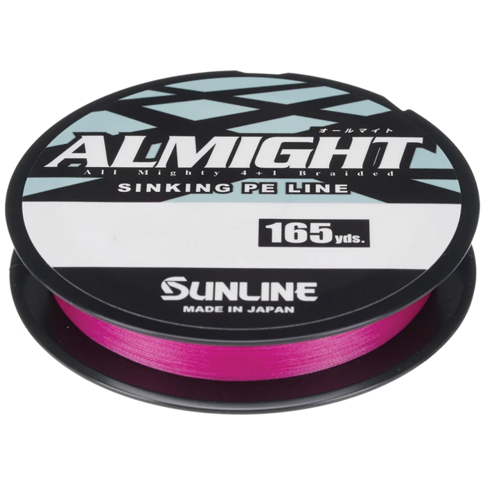 Spool of bright pink Sunline Almight sinking braided fishing line, 165 yards, designed for fishing rods and tackle, made in Japan, suitable for precise casting.