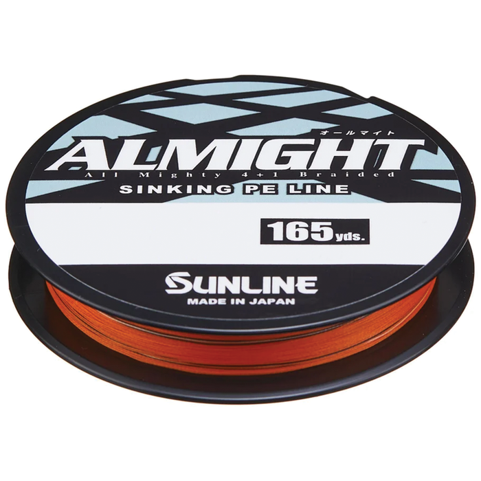 Round spool of orange Sunline Almight sinking PE braided fishing line measuring 165 yards, designed for durability and performance in fishing tackle.