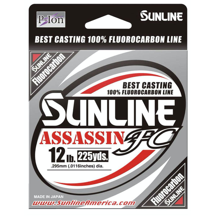 Packaging of Sunline Assassin FC fishing line in silver and black with red and white accents, highlighting 100% fluorocarbon material, 12 lb test strength, and 225 yards length.