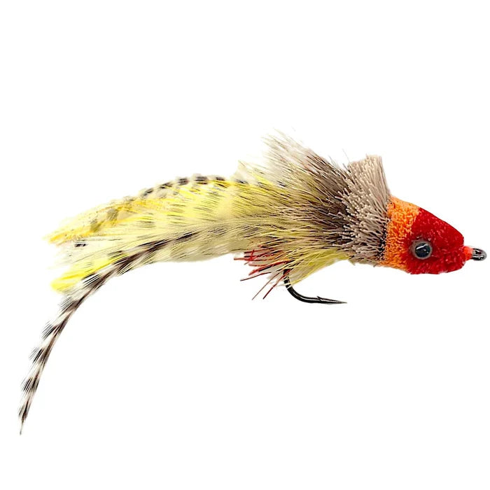Swimming Baitfish #1/0 fishing lure with a red and orange head, realistic black eyes, and a yellow and spotted feathered body designed for effective fishing tackle use.